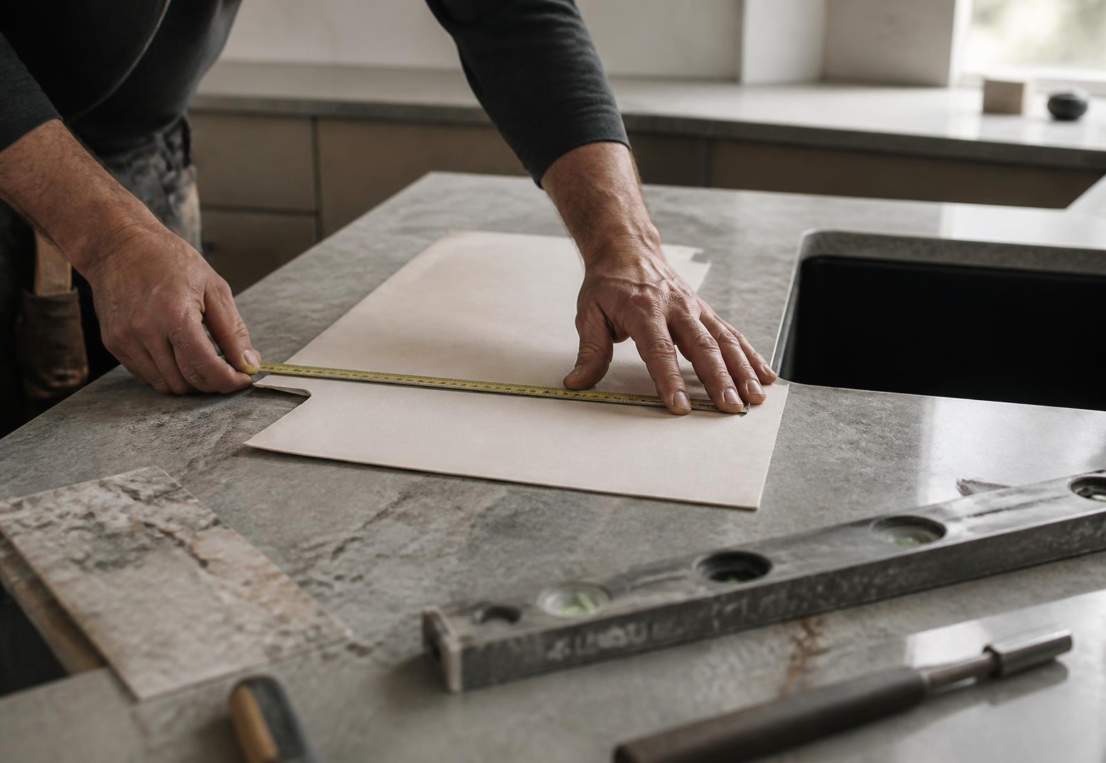 Installer measuring a stone countertop