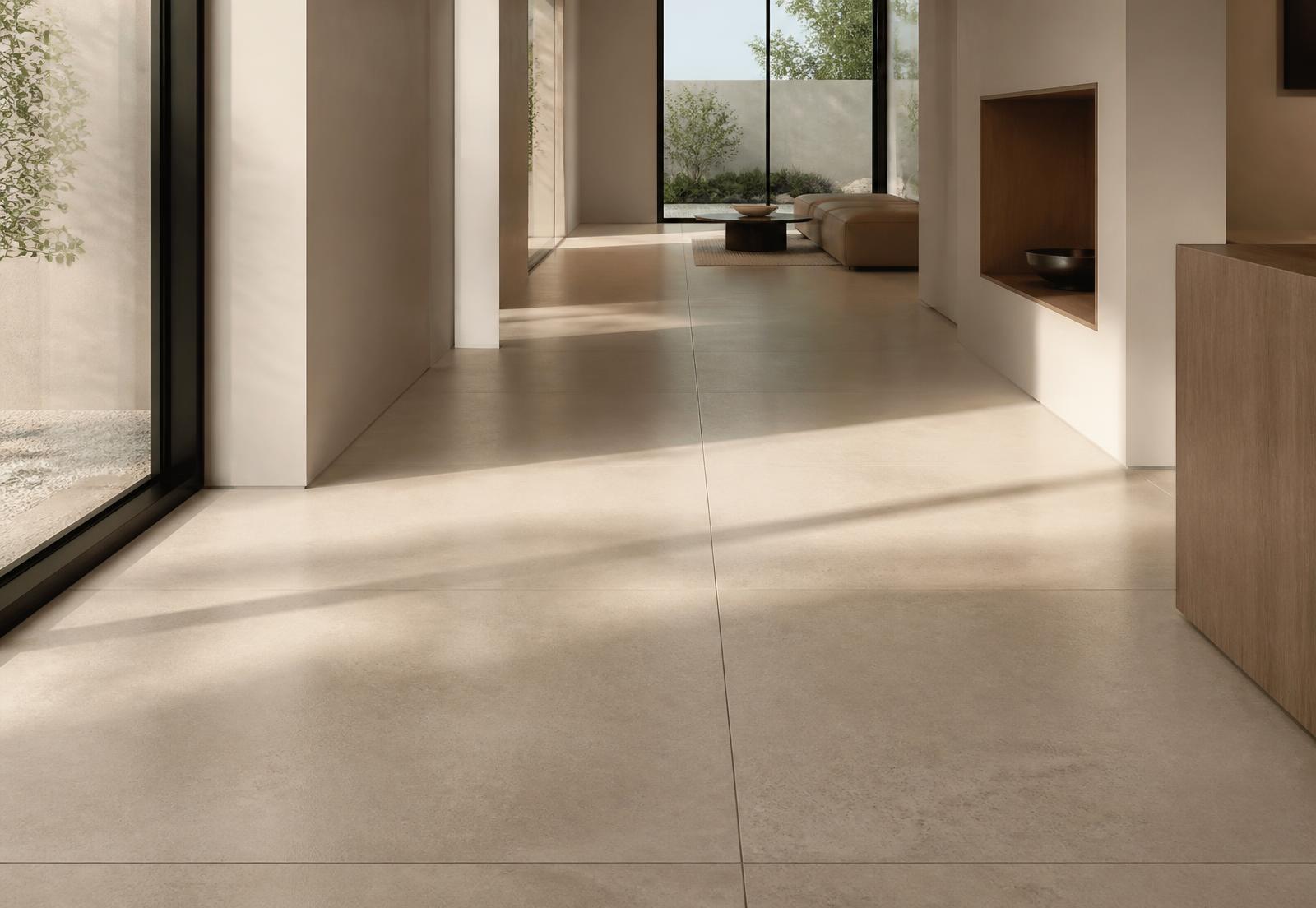 Large format floor tiling in a modern interior