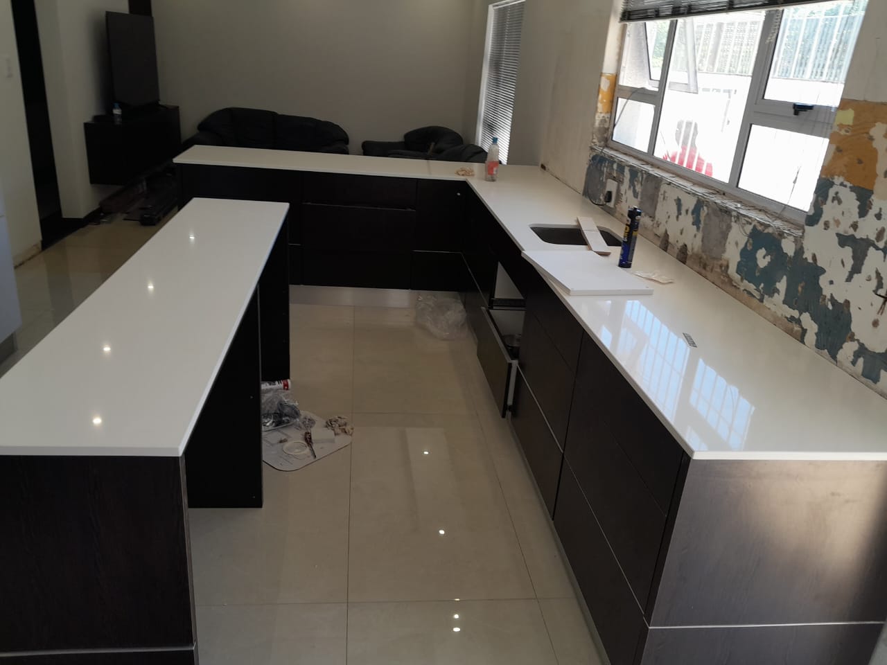 Installed island countertop in a finished kitchen